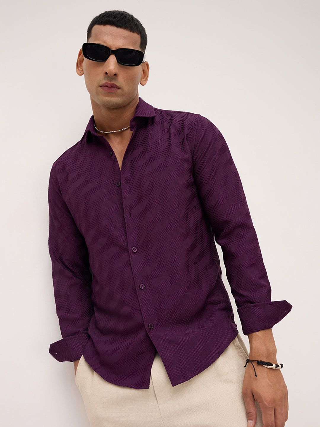 Deep Wine Contour Weave Evening Shirt
