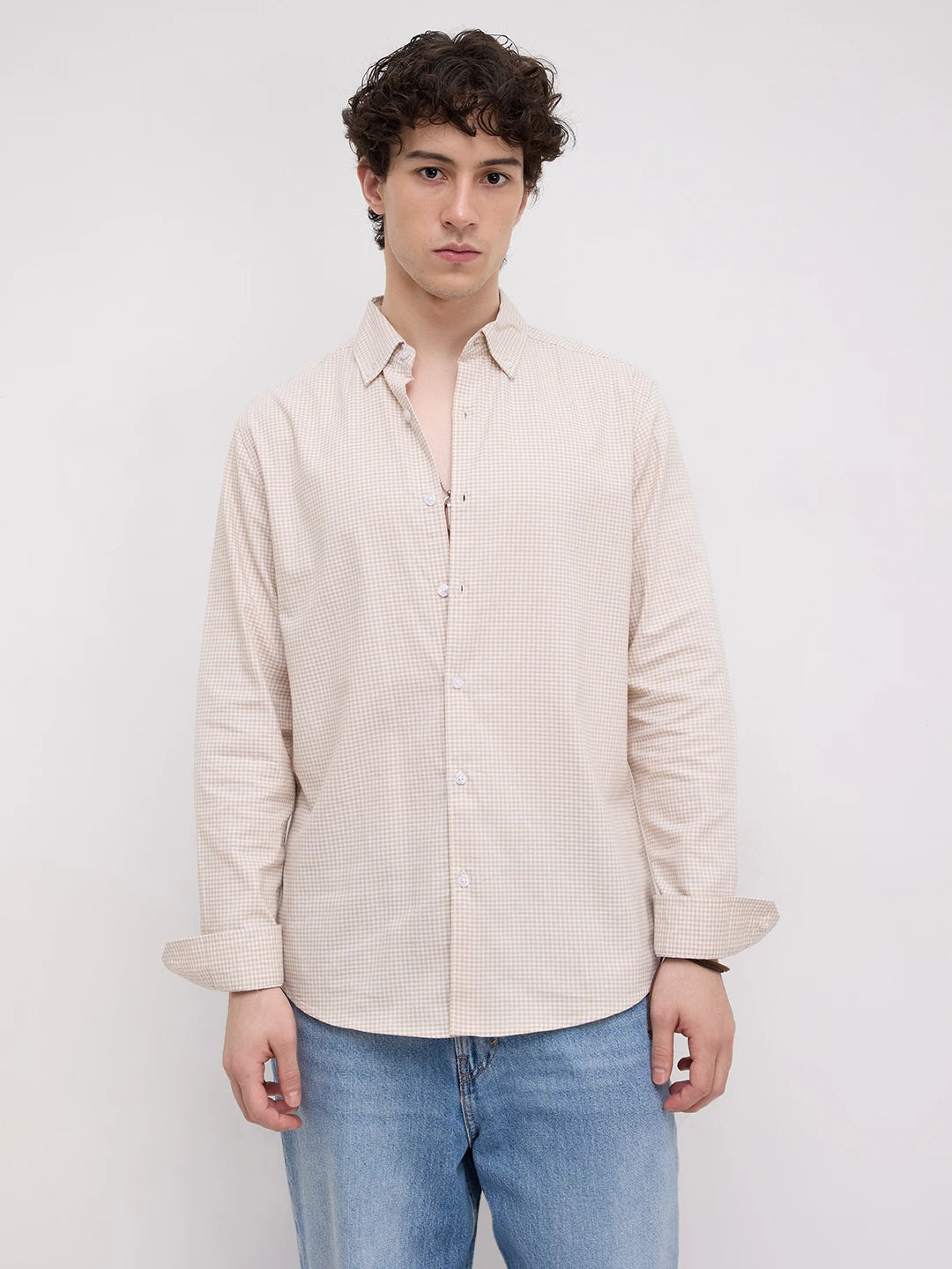 Sand Gingham Checks Button-Down Collar Business Shirt