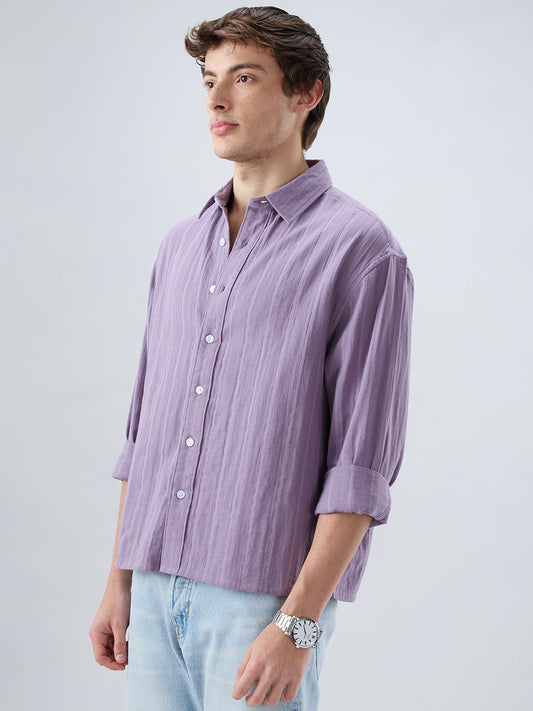 Chinese Violet Double Cloth Striped Boxy Fit Crop Shirt