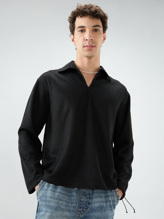 Black Refined Textured Knitted Oversized Polo Shirt