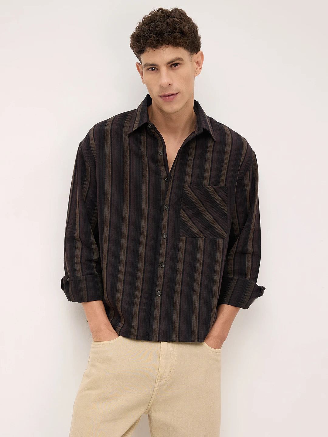 Twilight Brown Multi-Striped Boxy Fit Crop Shirt