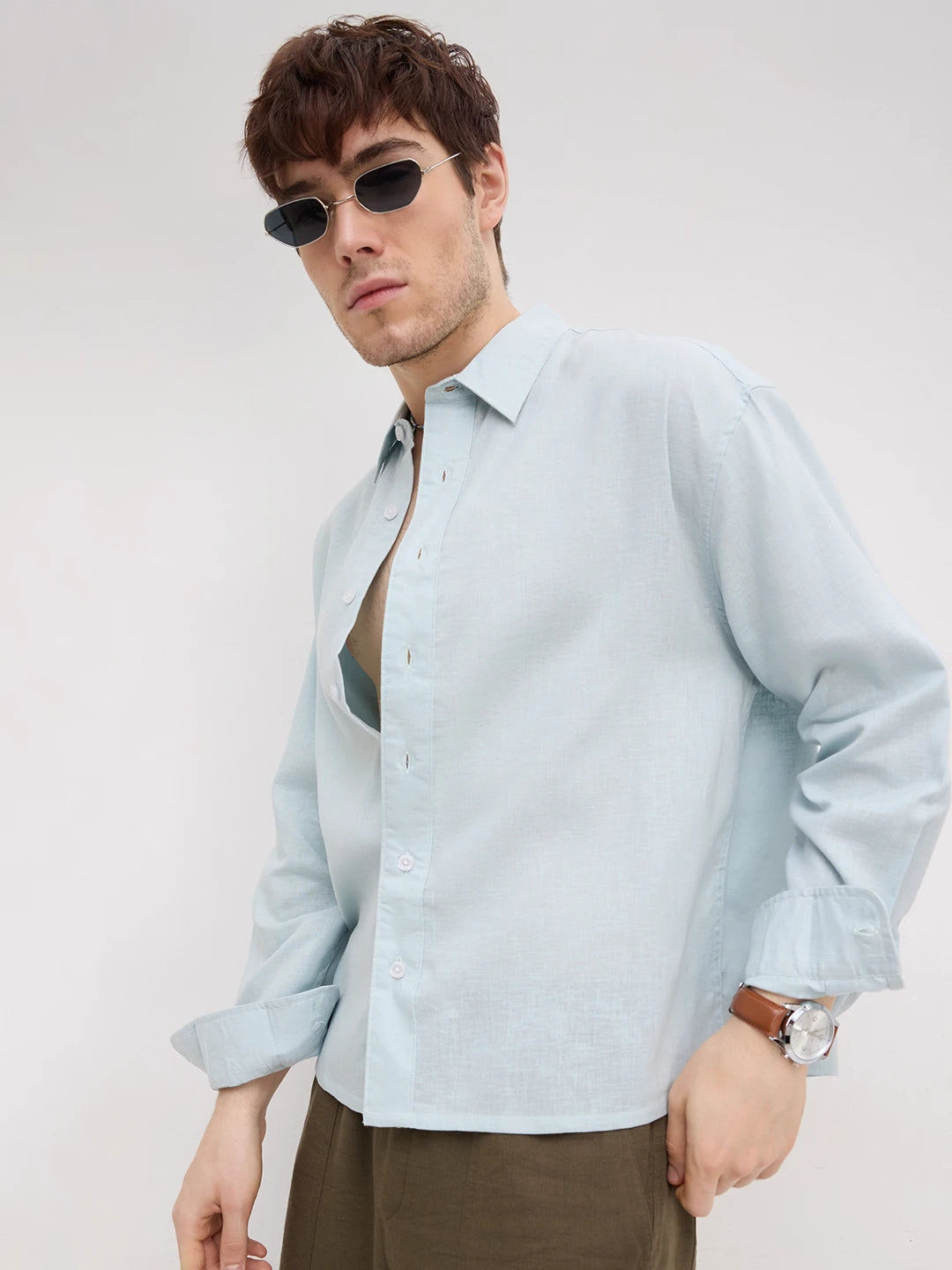 Sheer Baby Blue Boxy Fit Crop Shirt