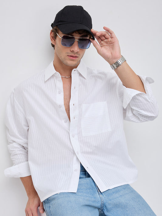 White Mist Sheer Stripe Boxy Crop Shirt