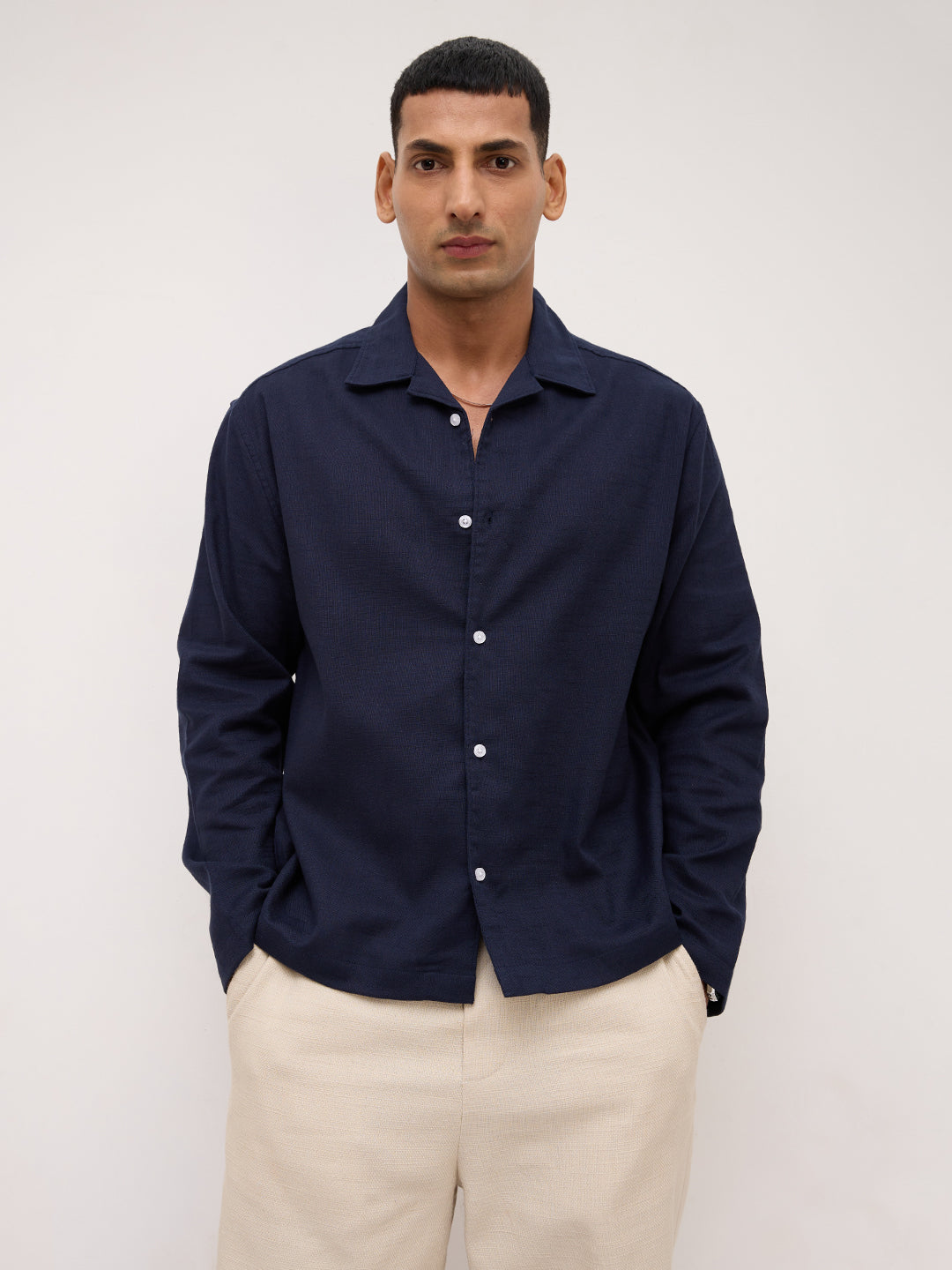 Elite Navy Slub Textured Oversized Notch Collar Shirt