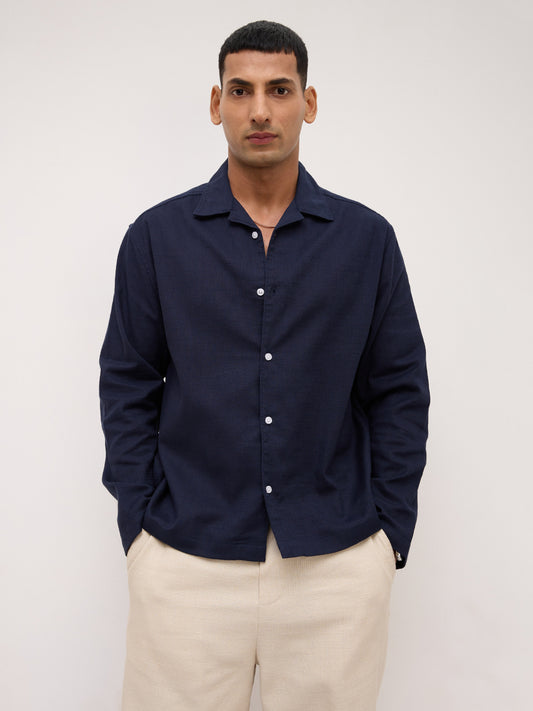 Elite Navy Slub Textured Oversized Notch Collar Shirt