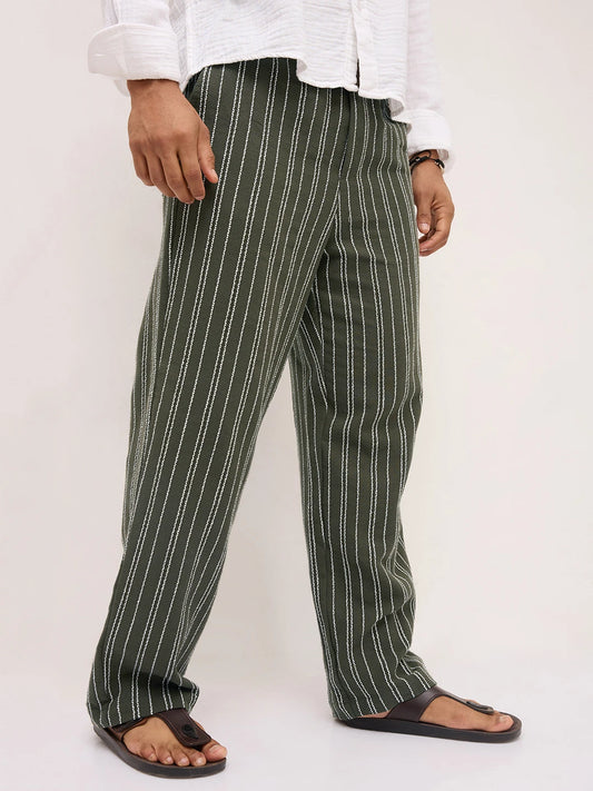 Artistic Olive Crochet Striped Straight Fit Trousers
