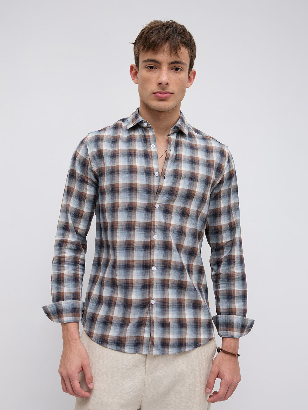 Grey & Brown Ombre Checks Classic Shirt