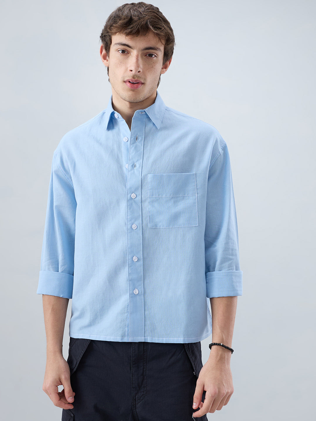 Luxe Blue Fine Sheer Linen Blend Boxy Fit Crop Shirt