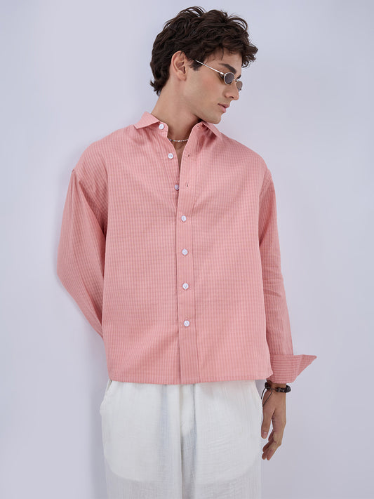 Warm Peach Micro Checks Fine Weave Shirt