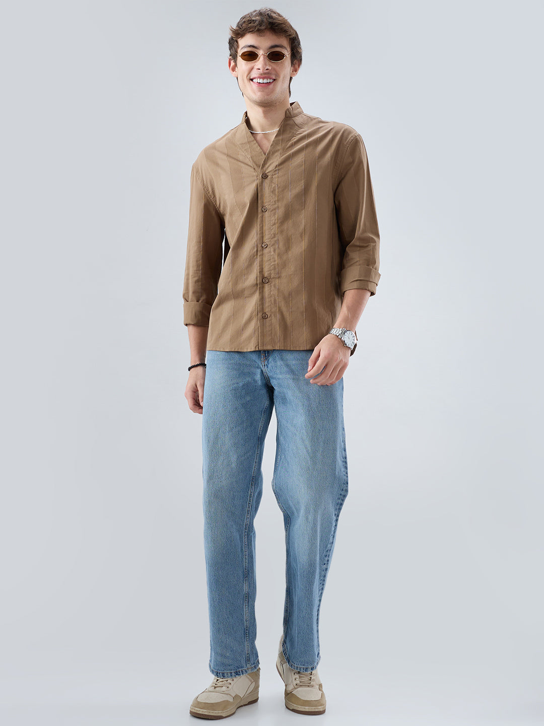 Bark Brown Panel Textured Stand Collar Oversized Shirt