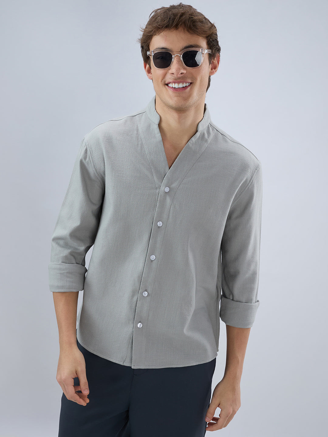 Plush Grey Diagonal Textured Stand Collar Oversized Shirt