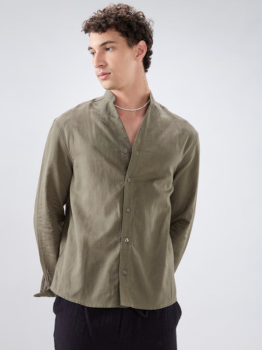 Solid Olive Stand Collar Linen Blend Oversized Shirt
