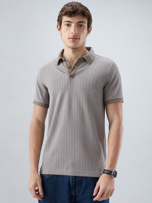 Ash Grey Ribbed Polo Neck Knit T-shirt