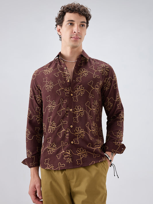 Brown Slub Textured Floral Contrast Embroidered Shirt