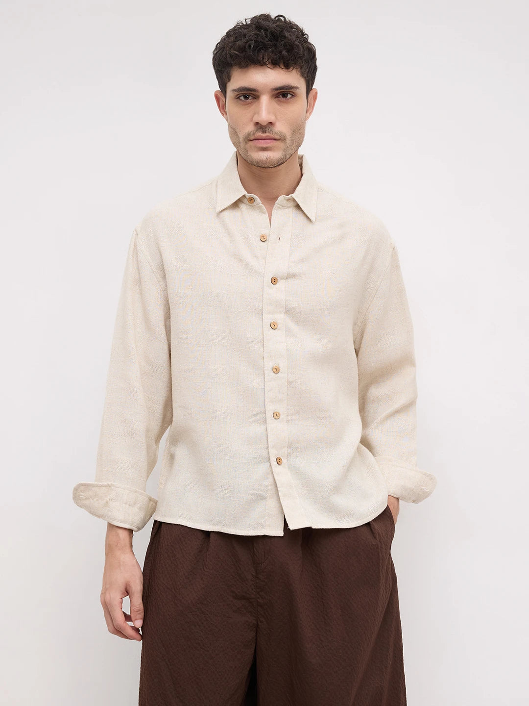 Sunbaked Canvas Loom Textured Boxy Fit Crop Shirt