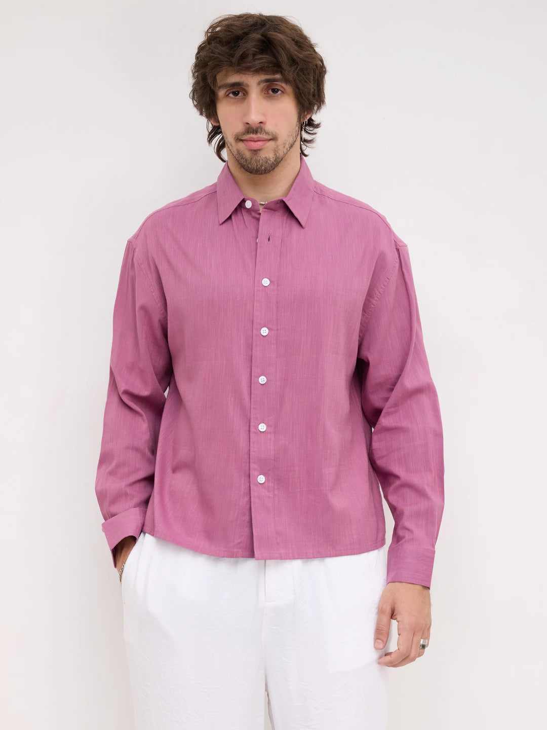 Turkish Rose Pink Fine Textured Boxy Fit Crop Shirt