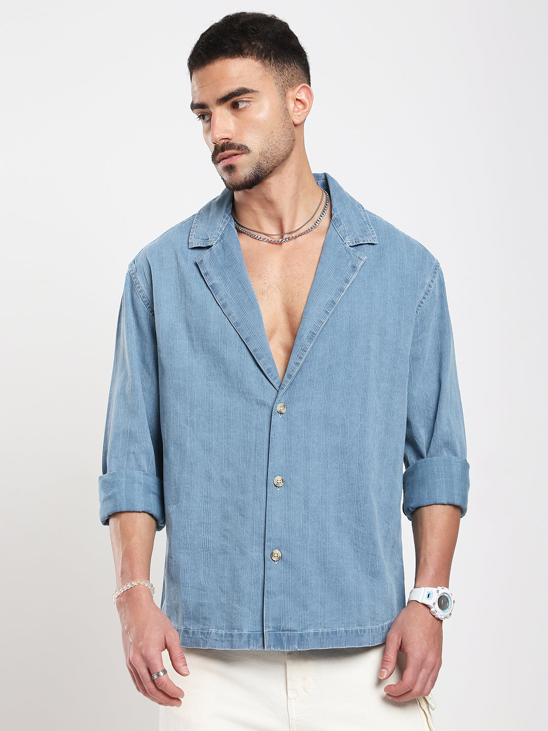 Denim Breeze Horizon Textured Notched Lapel Collar Oversized Shirt