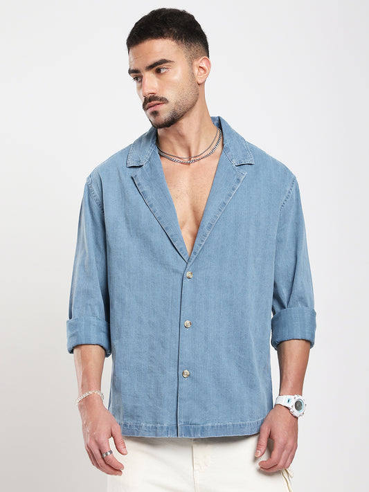 Denim Breeze Horizon Textured Notched Lapel Collar Oversized Shirt