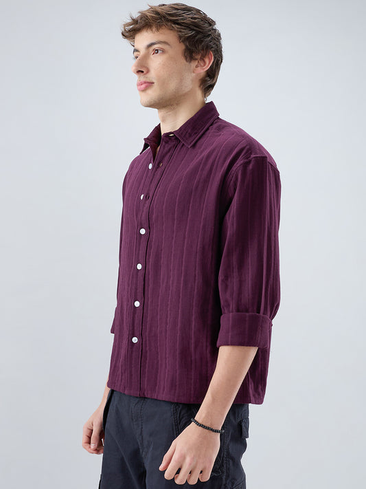 Elegant Wine Double Cloth Seersucker Striped Boxy Fit Crop Shirt