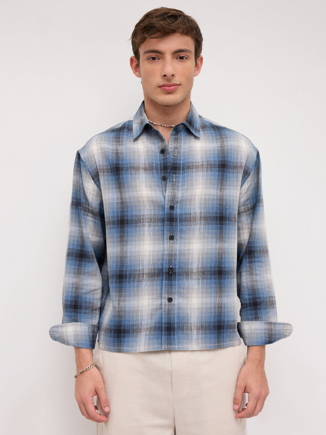 Atlantic Shadow Grid Checks Boxy Fit Crop Shirt