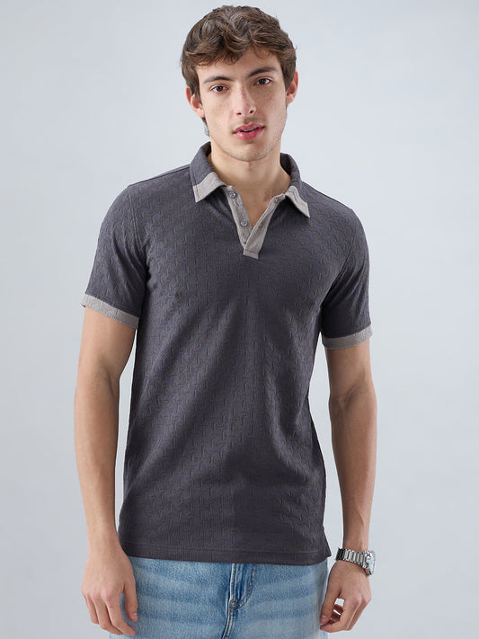 Charcoal Grey Textured Contrast Polo Neck Knit T-shirt