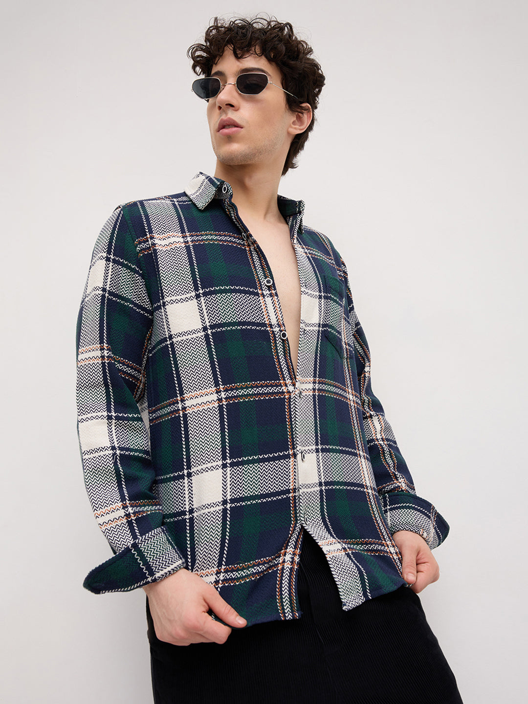 Navy Tweed Checks Tartan Checkered Flannel Shirt