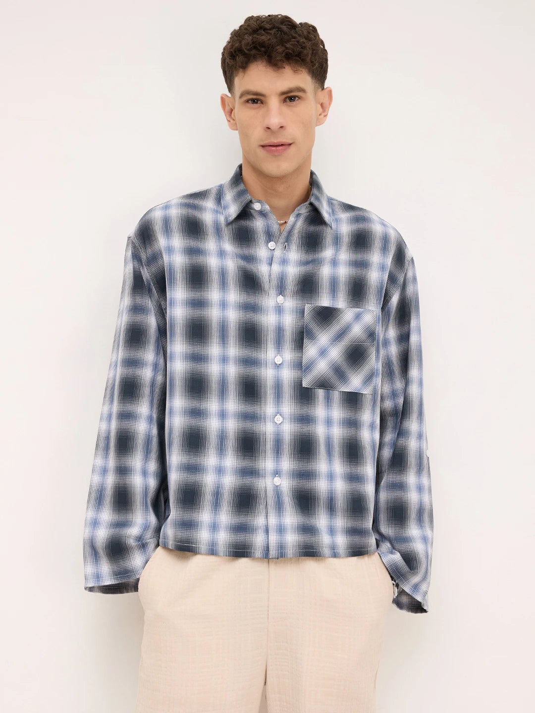 Opulent Slate Blue Plaid Checks Cuffless Boxy Fit Crop Shirt