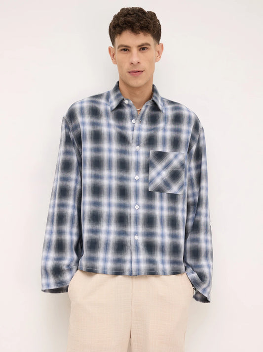 Opulent Slate Blue Plaid Checks Cuffless Boxy Fit Crop Shirt