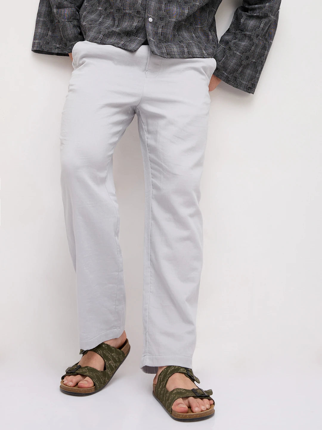 Grey Fine Herringbone Textured Straight Fit Trousers