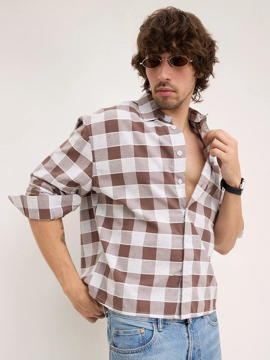 Chocolate Brown & White Ghingham Checks Boxy Fit Crop Shirt