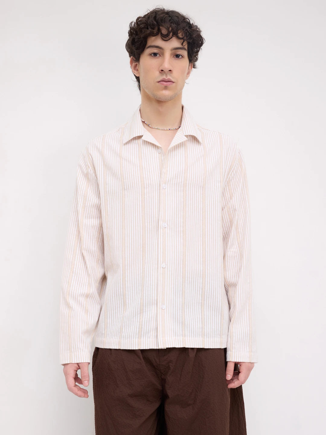 Luxe Beige Candy Striped Notch Collar Oversized Shirt
