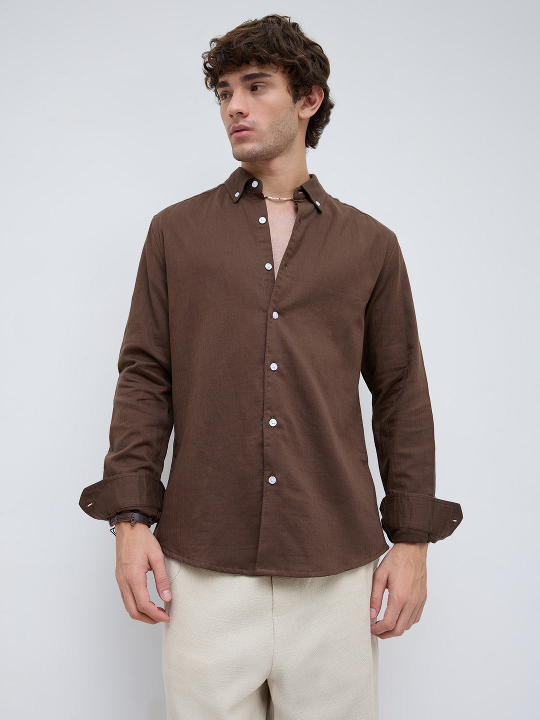 Coffee Brown Herringbone Textured Button-Down Shirt