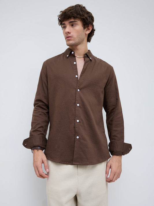 Coffee Brown Herringbone Textured Button-Down Shirt