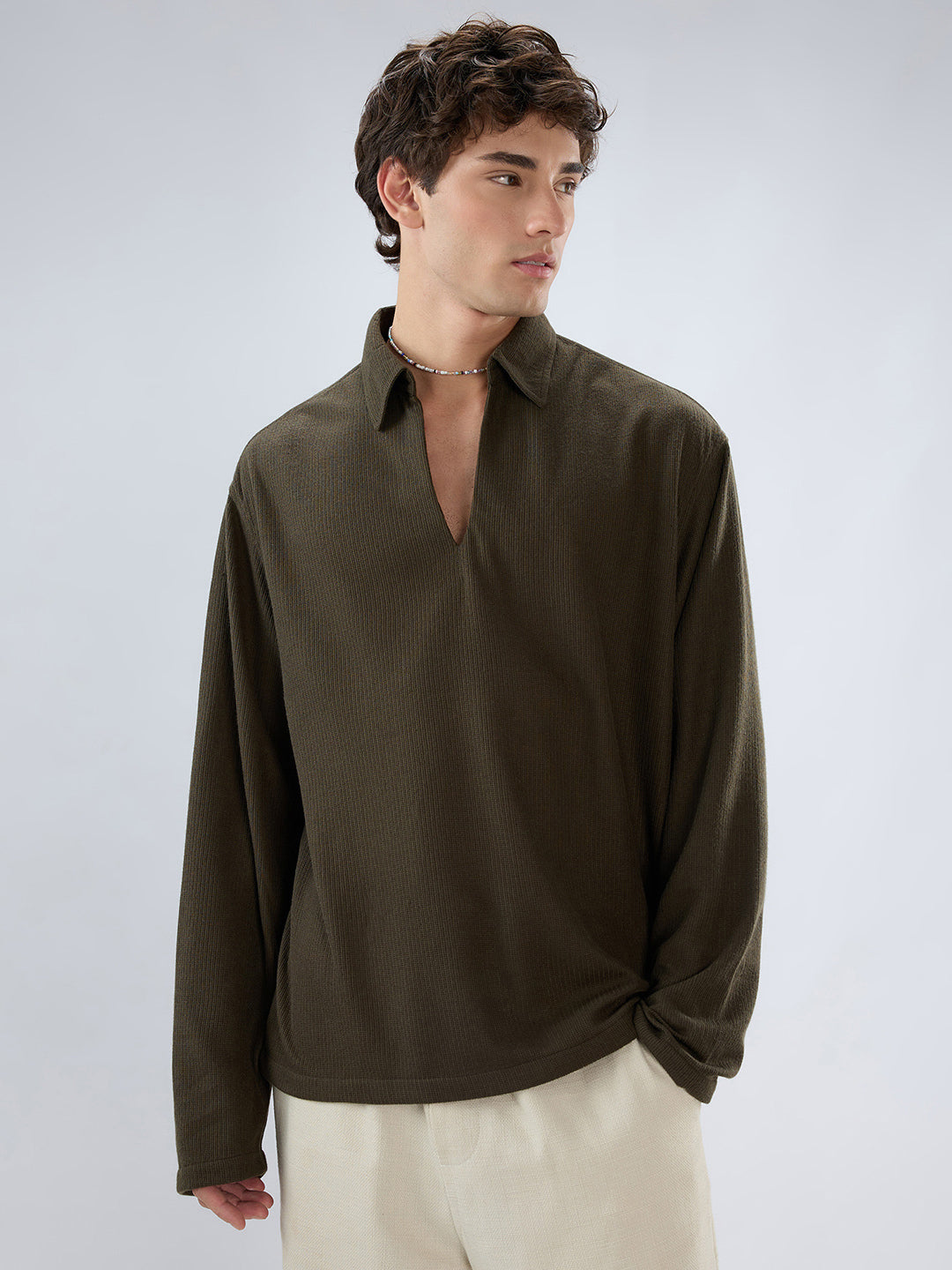 Mignonette Green Micro Weave Knitted Oversized Polo Shirt