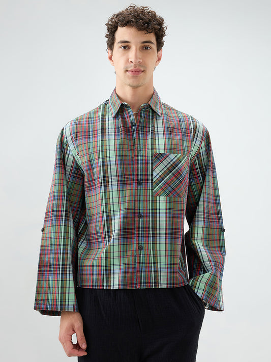 Evergreen Multi Stripe Fusion Checks Cuffless Oversized Crop Shirt