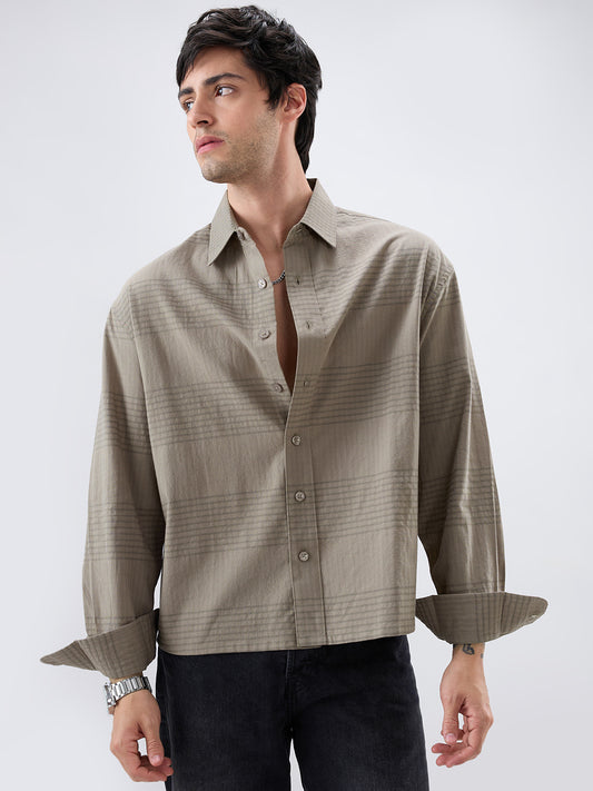 Olive Horizontal Striped Boxy Fit Crop Shirt
