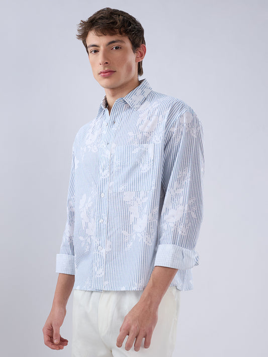 Blue & White Contemporary Floral Boxy Fit Crop Shirt