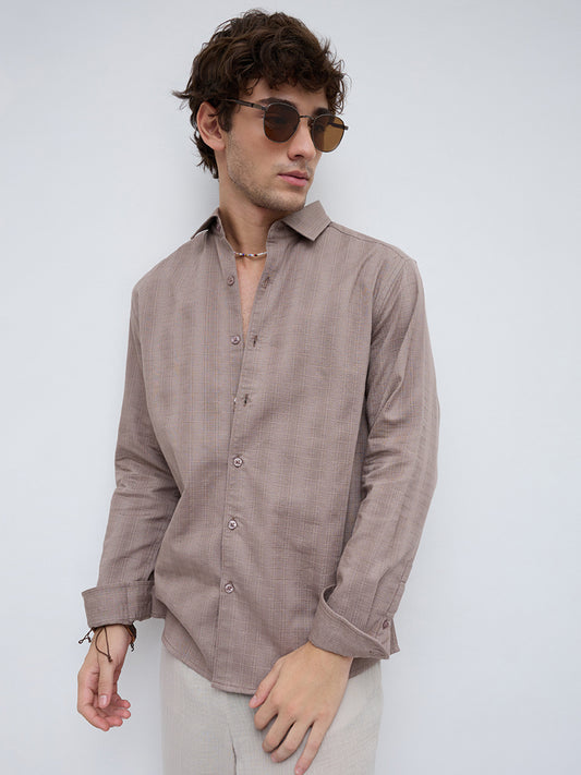Muted Taupe Elevated Grid Detail Textured Shirt