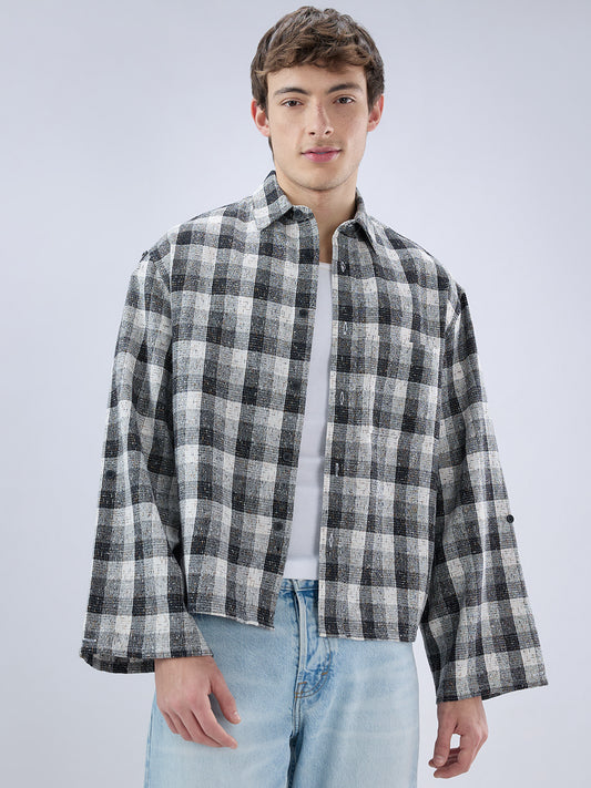 Black & White Textured Interweave Boxy Fit Crop Shirt