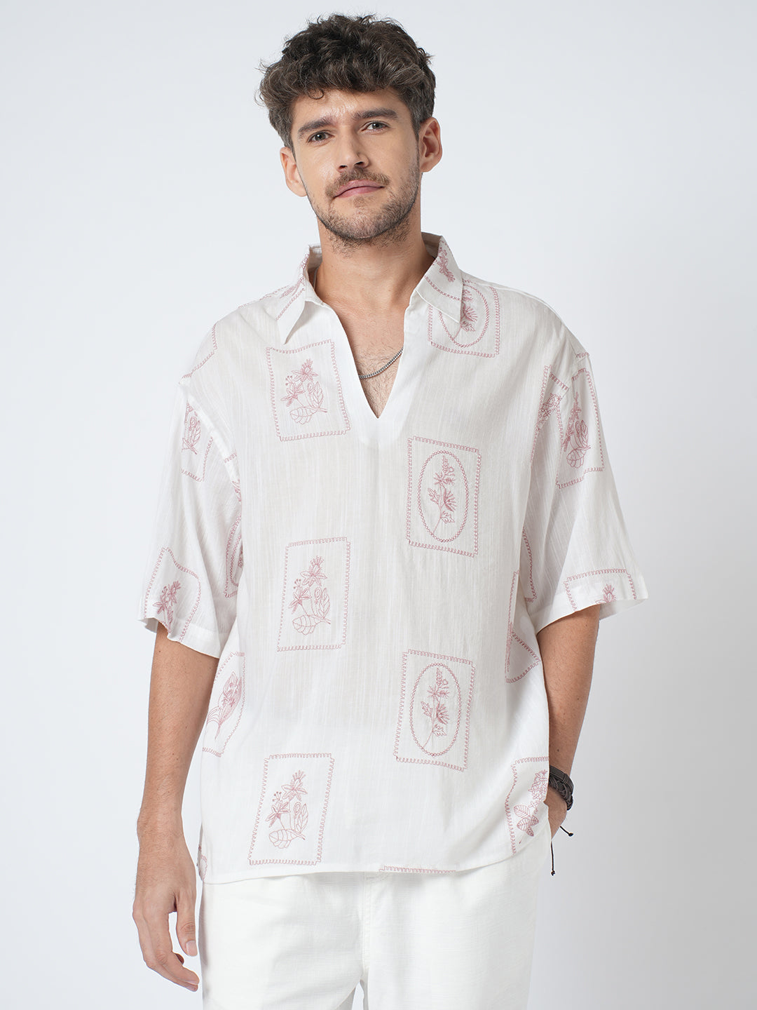 Old Rose Pink Floreal Frame Embroidery Polo Oversized Shirt