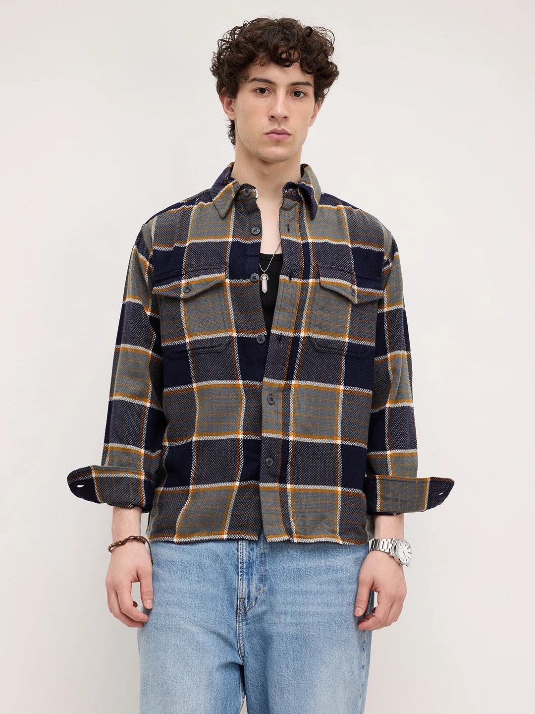 Elevated Multicolor Checks Double Pocket Boxy Fit Flannel Crop Shirt