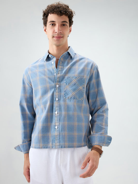 Denim Blue & Yellow Multi Line Checks Boxy Fit Crop Shirt