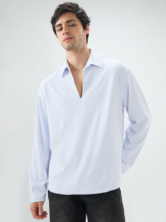Soft Blue Precision Rib Striped Oversized Polo Knitted Shirt
