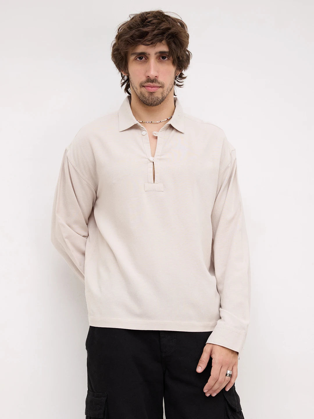 Iconic Beige Loop Button Oversized Shirt