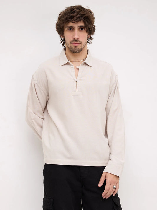 Iconic Beige Loop Button Oversized Shirt
