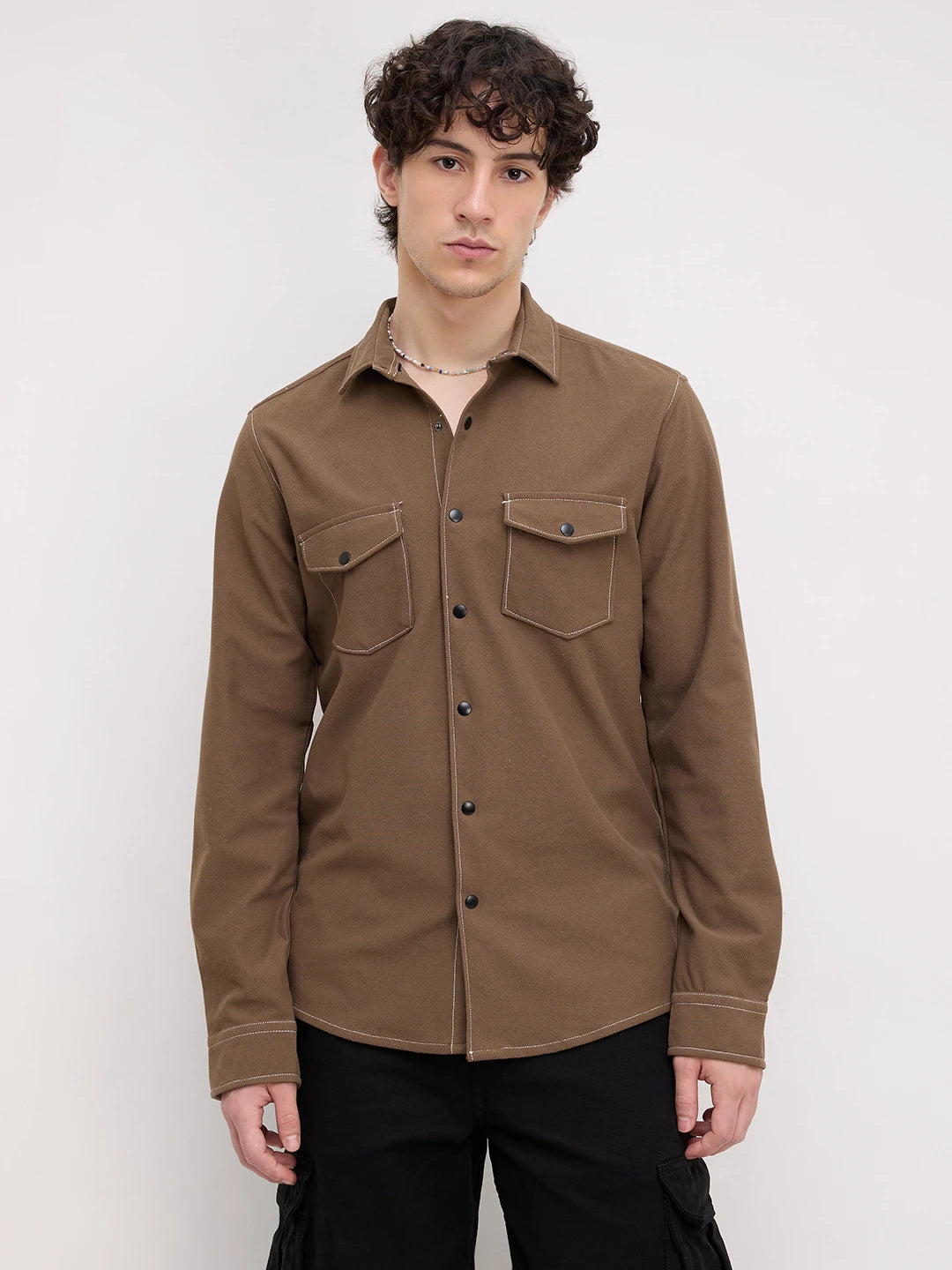 Walnut Brown Twin Pocket Knitted Overshirt