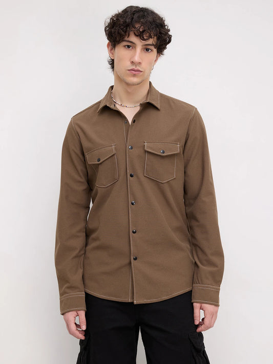 Walnut Brown Twin Pocket Knitted Overshirt