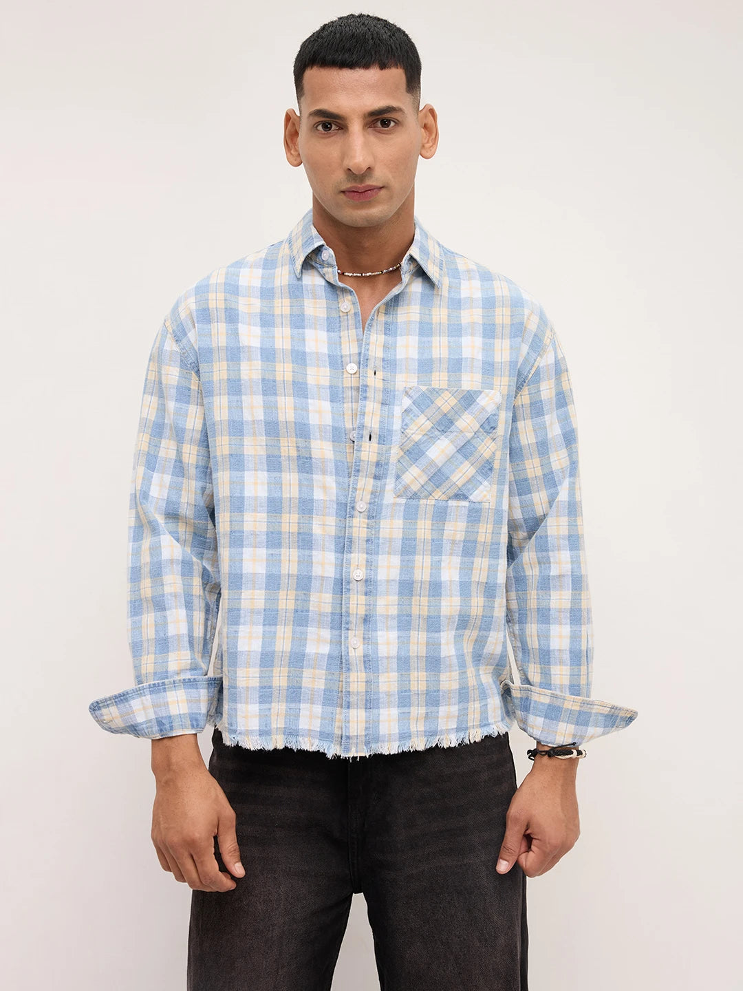 Distressed Hem Denim Vintage Explorer Checks Boxy Fit Crop Shirt