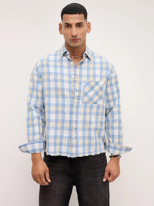 Distressed Hem Denim Vintage Explorer Checks Boxy Fit Crop Shirt