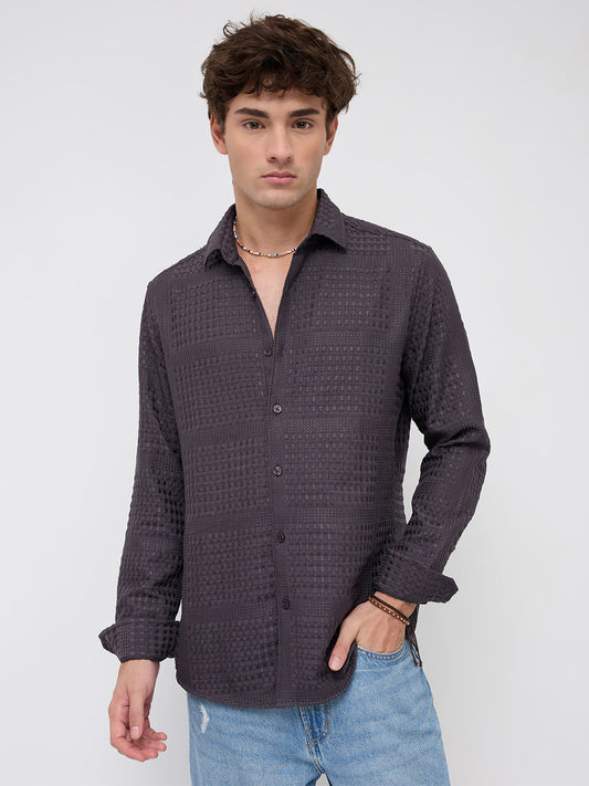 Charcoal Grey Geometric Grid Embossed Textured Shirt